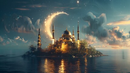 Illuminated mosque in the middle of the sea with moon and stars at night. AI Generative - obrazy, fototapety, plakaty
