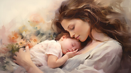 Illustrate the beauty of a mother's love as she cuddles her child close, enveloping them in a warm embrace. Shot from a high angle to capture the coziness of the cuddle, with soft pastel tones adding 