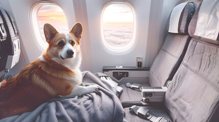 Cute welsh corgi dog sitting on the seat in airplane. Pet-Friendly Airline