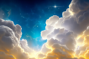 Celestial display of white and golden clouds with sunbeams breaking through. Concept of God light...