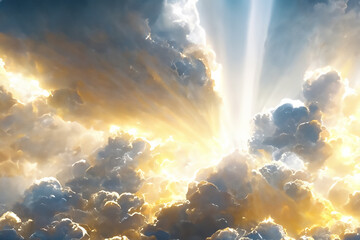 Celestial display of white and golden clouds with sunbeams breaking through. Concept of God light...