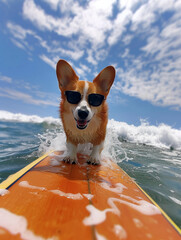 Corgi wearing sunglasses on a surfboard in the sea. Surfing ads. vacation dreams
