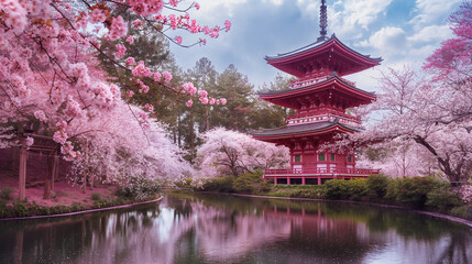 A traditional Japanese pagoda nestled among cherry blossom trees in full bloom, with a serene pond. - Powered by Adobe