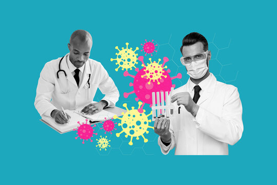 Picture collage creative image two scientists doctors create vaccine immune cure coronavirus protection epidemic treatment lab coats