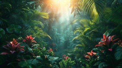A lush tropical jungle with vibrant green foliage and exotic flowers, illuminated the soft glow of sunlight filtering through dense canopy, Generative AI