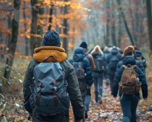 A group of people hiking in a forest during the fall season, with colorful leaves on the ground and a misty ambiance.