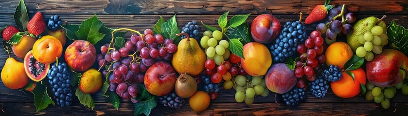 Produce a vibrant, photorealistic image of a birds-eye view of a bountiful display of fresh, ripe fruit on a rustic wooden table under soft natural light Capture the textures and colors of the fruits