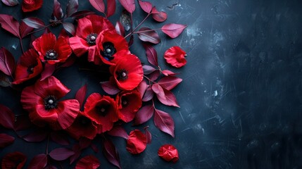 Anzac Day & Remembrance Day Memorial Banner with Red Poppy Wreath & Lest We Forget Text - AI Image with Copy Space