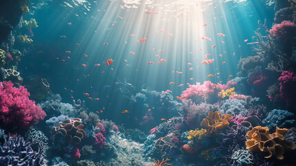 A surreal underwater cityscape with intricate coral reefs, exotic sea creatures, and sunbeams...
