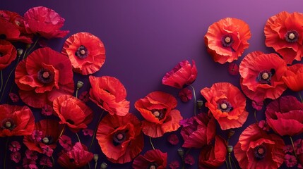 Anzac Day Tribute: Red Poppy Flowers on Purple Background - AI Generated Digital Design