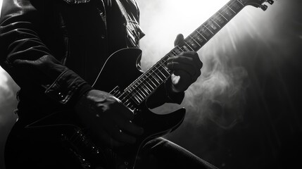 Obraz premium Guitarist playing rock music in the style of black and white