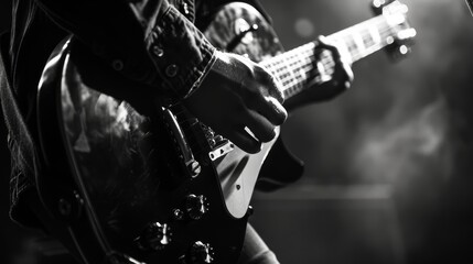 Closeup of an electric guitar being played in the style of the lead singer, focus on hands and strings
