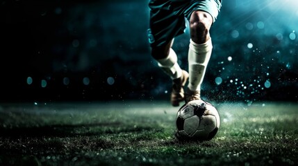 Close up of a soccer player kicking a ball on grass, with a dark background