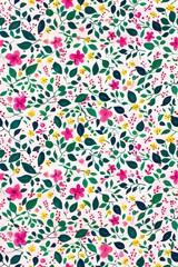 A pattern of small, colorful flowers and leaves scattered across the light pink background in shades of pink and green, evoking springtime joy.