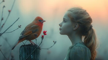 A young girl in a green dress, with striking blue eyes, looks tenderly at a red bird. The image conveys a calm and thoughtful expression, evoking a sense of innocence and wonder.