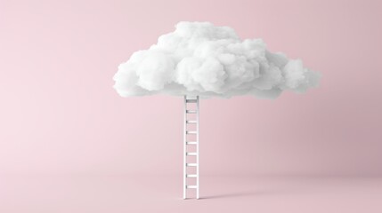 A conceptual image showcasing a white fluffy cloud supported by a ladder against a soft pink background. This image stimulates fantasy and creative thinking. - obrazy, fototapety, plakaty