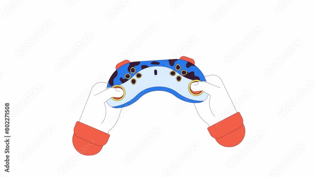 Poster holding gamepad line 2d character hands animation. videogame controller buttons pressing flat color 