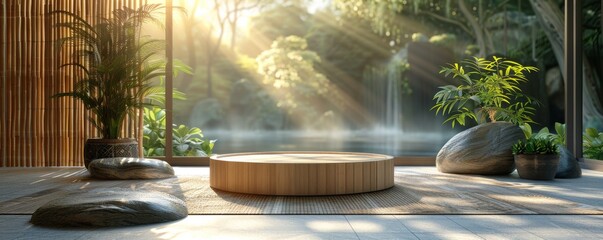 Zen Spa Oasis with Bamboo Backdrop and Serene Waterfall, Sunlight Filtering Through Lush Foliage