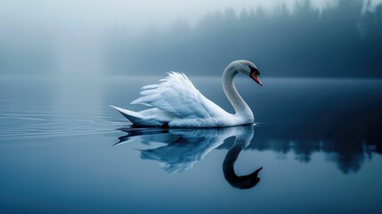 Fototapeta premium A single swan gliding over calm waters, graceful and serene