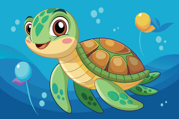 A cartoon turtle is swimming in the ocean with a fish in the background