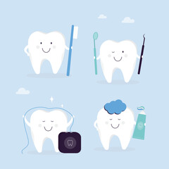 Cartoon teeth care and hygiene concept. Happy teeth with floss, toothbrush and toothpaste. Treatment, and hygiene. Oral care.