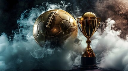 Golden Football Trophy Enveloped in Billowing Smoke Commanding Attention and Exuding a Sense of Anticipation Generative ai