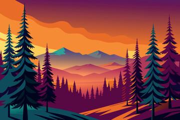A beautiful mountain landscape with a purple sky and trees