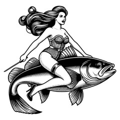woman in vintage swimwear riding an oversized fish retro charm sketch engraving generative ai fictional character PNG illustration. Scratch board imitation. Black and white image.
