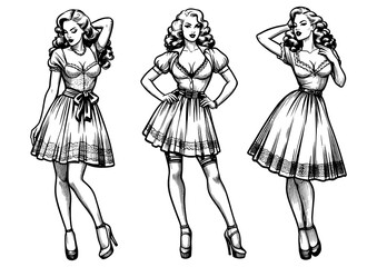 woman in retro fashion posing in three different stylish manners femininity sketch engraving generative ai fictional character PNG illustration. Scratch board imitation. Black and white image.