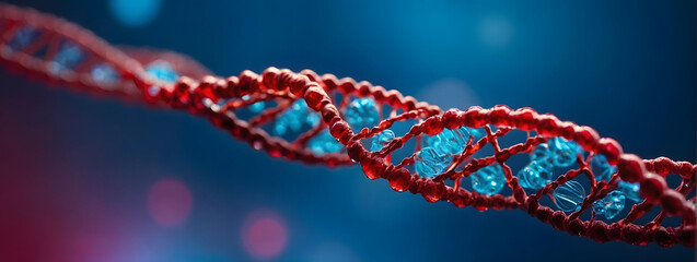 A ruby-red DNA double helix on a background of electric blue.