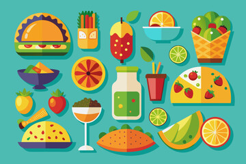 A collection of flat vector icons featuring popular Cinco de Mayo dishes - tacos, burritos, guacamole, churros, enchiladas, and margaritas, ideal for menus or restaurant websites.