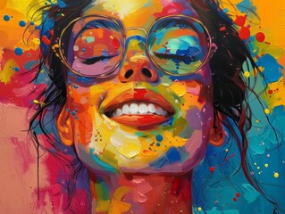 Abstract oil painting featuring rich impasto technique and a spectrum of colors, concept of happiness through colors, a smiling happy person 