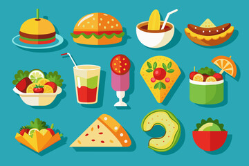 Una colecci&oacute;n de &iacute;conos vectoriales planos que presentan platos populares del Cinco de Mayo: tacos, burritos, guacamole, churros, enchiladas y margaritas, ideales para men&uacute;s o sitios web de restaurant