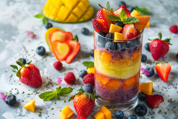 A towering glass filled with layers of colorful smoothie, each one bursting with vibrant fruit flavors.
