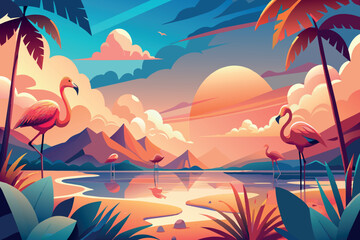 Fototapeta na wymiar Flamingos stand by a serene lagoon against a sunset backdrop