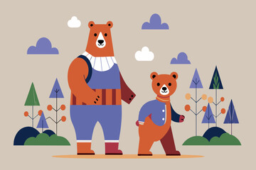 Cartoon bears in clothes stroll amidst colorful trees