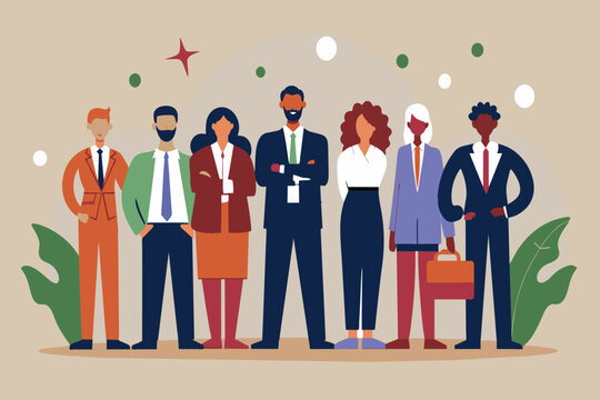 Cartoon of a multiethnic team of professionals, dressed for success