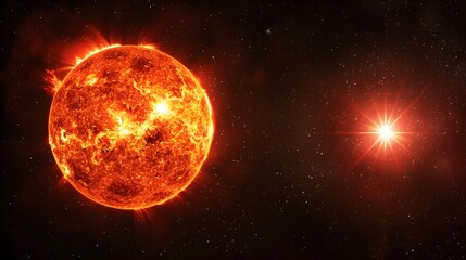 Sun emitting solar flares in space with stars in the background.