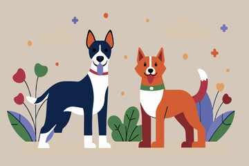 Cartoon illustration of a duo of friendly dogs with decorative flora