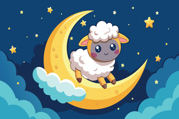 Cartoon sheep on moon with stars around