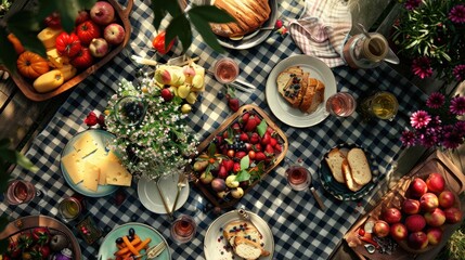 A picnic spread with tableware, fruit, and flowers on a plaid blanket. Enjoy natural foods,...