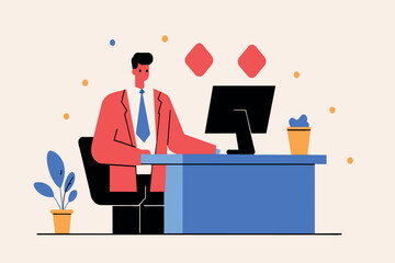 Man in a suit typing on a computer with a coffee and plant beside him