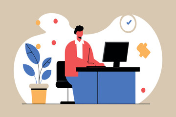 Man sitting at desk focused on work with computer and plant