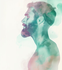 Blending double exposure a man face with beard and mustache profile with watercolor.	  
