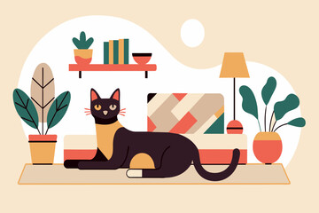 A relaxed black cat lying on a table among indoor plants and home decor