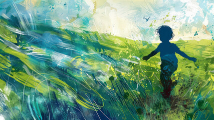 Fototapeta premium Silhouette of a young child exploring vibrant spring meadow