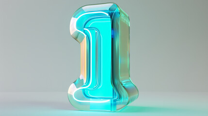 Glowing neon number one symbol in light green and blue - obrazy, fototapety, plakaty