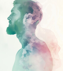 Blending double exposure a man face with beard and mustache profile with watercolor.	  

