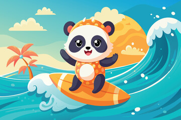 A cartoon panda is riding a surfboard in the ocean