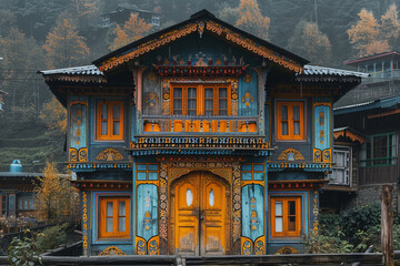 Colorful traditional house with intricate designs in a forest